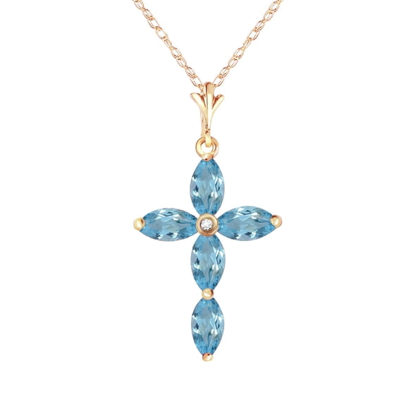Galaxy Gold GG 14K Yellow Gold 1.1 Carat Natural Diamonds and Blue Topaz Cross Pendant Necklace - December Birthstone - Communication & Serenity - 16" to 24" - Fine Jewelry for Women