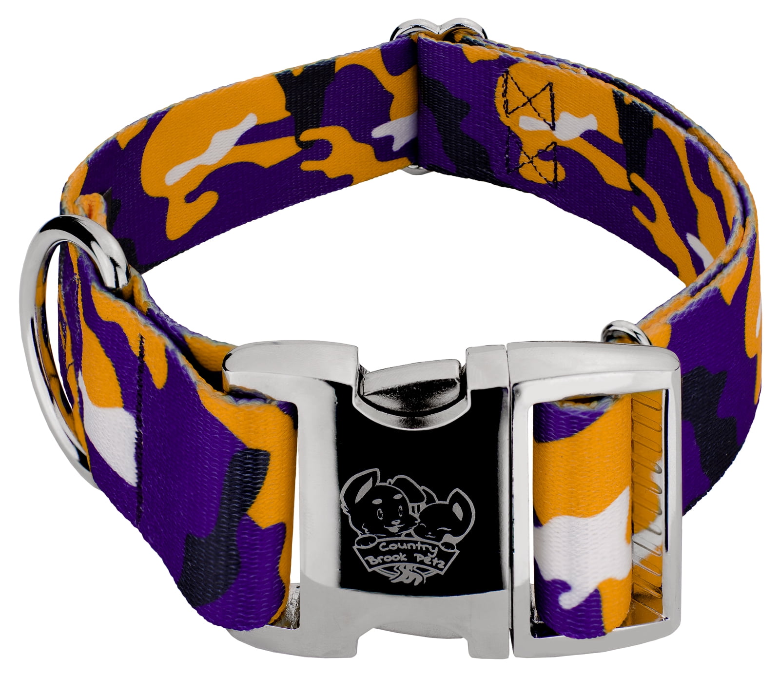 Country Brook Petz® 1 1/2 inch Premium Purple and Gold Camo Dog Collar