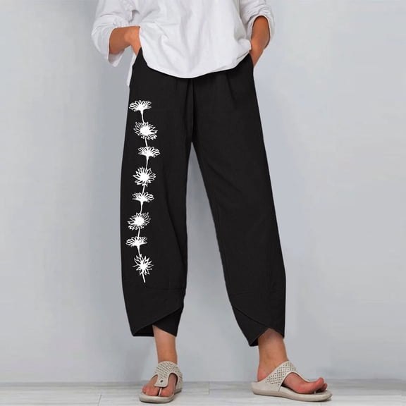 HOWPAY Womens Linen Pants Floral Print Loose Fit Wide Leg Elastic Waist Palazzo Trousers with Pockets Casual Summer Comfy Soft Baggy Pant Black L