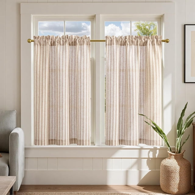 Striped Linen Kitchen Curtains 36 Inches Length Tier Curtains Farmhouse Modern Cafe Style Small Window Treatments Airy Light Filtering Rod Pocket for Living Room Bathroom 2 Panels Tan