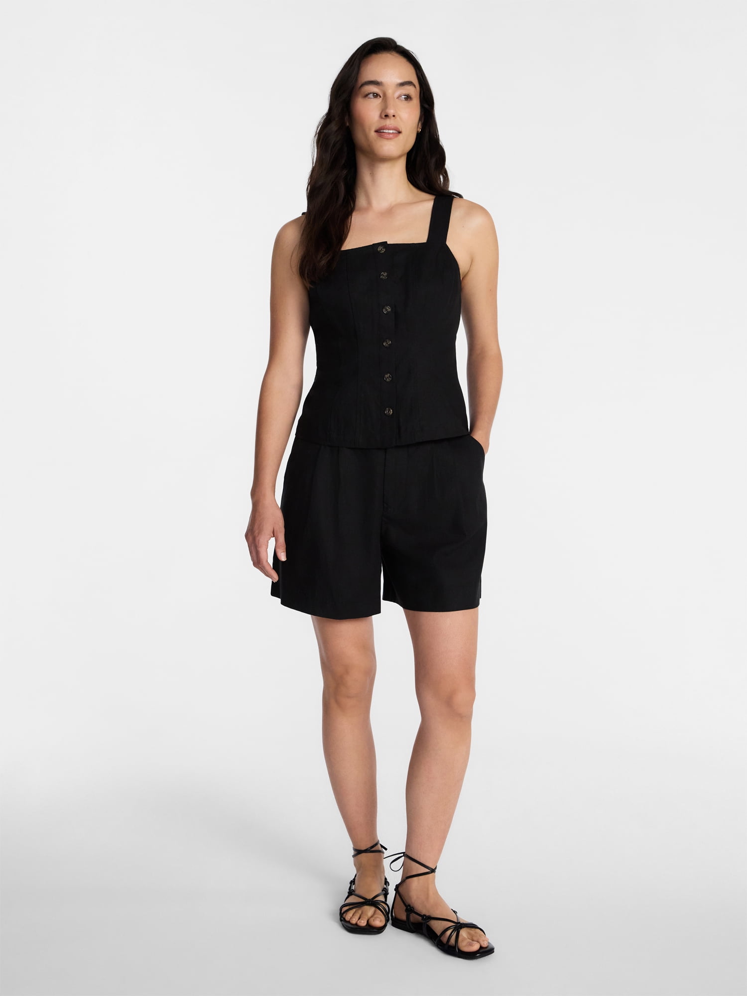Time and Tru Women's Linen Blend Button Front Tank Top with Adjustable Straps, Sizes XS-XXXL