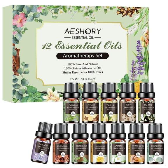 Aeshory Essential Oils Set for Diffuser, Humidifier, Aromatherapy, Massage, Soap, Candle Making (12 Pack/5mL)