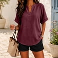 thumbnail image 2 of Oversized Tshirts for Women Casual Linen Cotton V Neck Short Sleeve Tops Loose Comfy Red Summer Tops for Women, 2 of 9