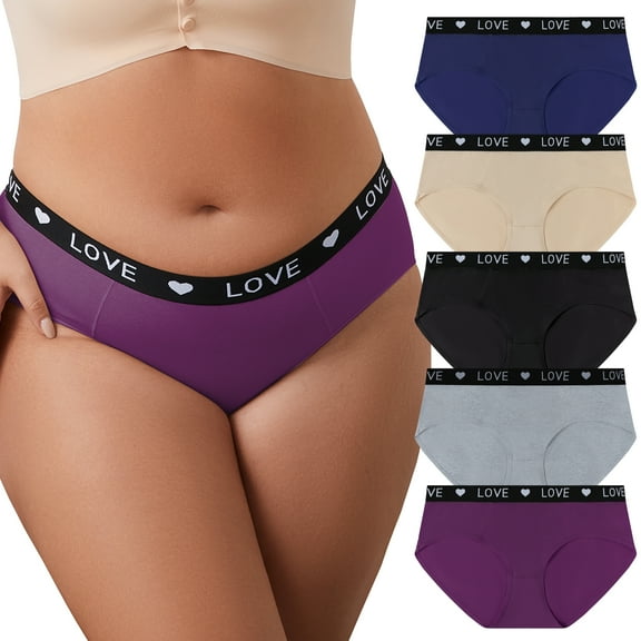 Buankoxy Underwear for Women Plus Size Cotton Mid Rise Panties Full Coverage Briefs 5 Pack,Size 7