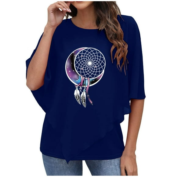 XZNGL Blouse for Women Casual Summer Women Fashion Casual Sexy Summer Moon Chime Print Chiffon Round Neck Top Blouse