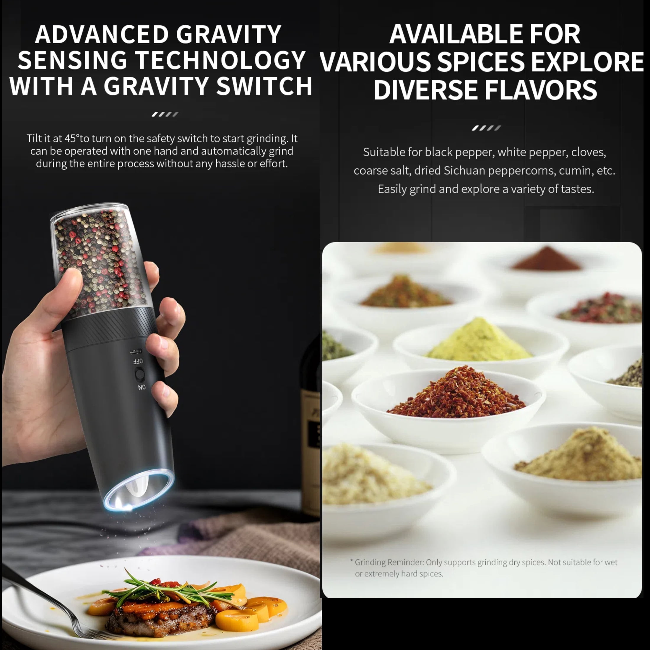 MSAS Electric Salt & Pepper Mill Grinder Shakers，Adjustable Coarseness Gravity LED Light USB Rechargeable, Black, 2 Pack