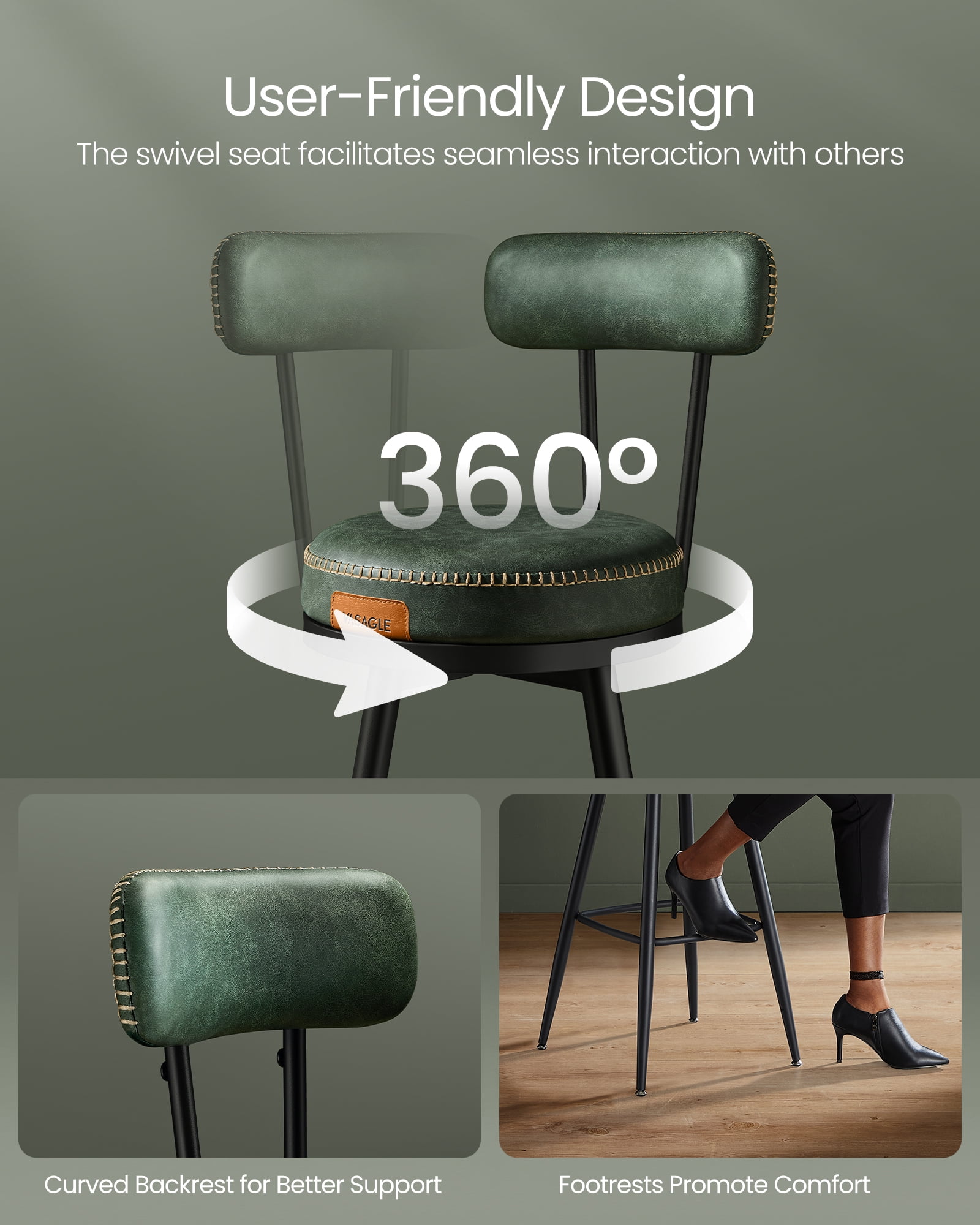 VASAGLE EKHO Collection - Bar Stools Set of 2, Counter Height Swivel Bar Stools with Back, Synthetic Leather with Stitching Forest Green