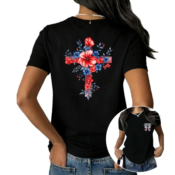 UNISHE Women's Christian Faith Cross Floral Graphic Short Sleeve T-Shirt Casual Cotton Crewneck Top