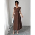 thumbnail image 4 of Coffee Brown Womens V-Neck Ruched Waist Pleated Maxi Dress With Drop Shoulder Sleeve, 4 of 6