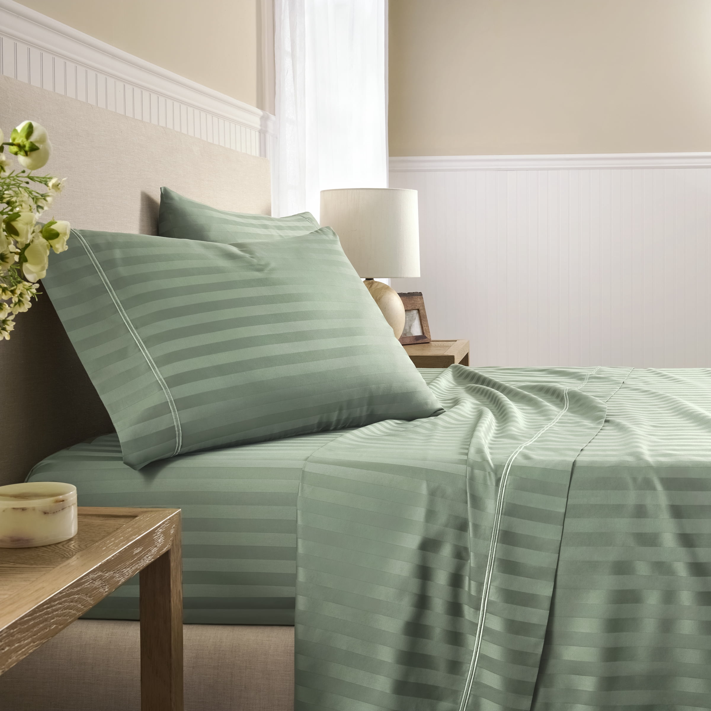 Wamsutta 1846 650 Thread Count Sea Spray Stripe Egyptian Giza Cotton Sateen Pillow Cases, King (2 Count)