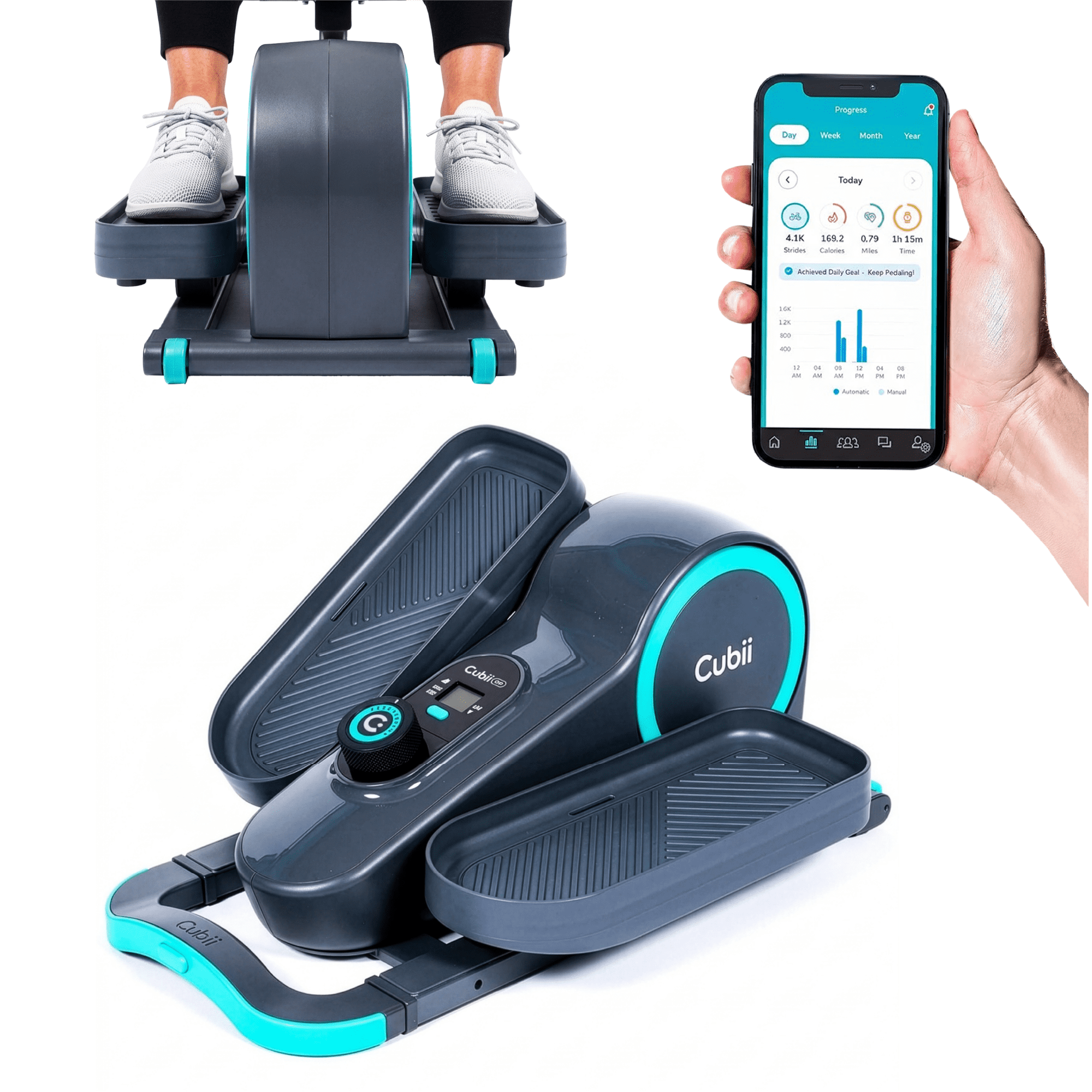 Cubii GO Aqua - Ultra Portable Under Desk Elliptical, Foot Pedal Exerciser Machine with Built-in Wheels, Easy Retractable Handle, Large LCD Fitness Tracker, Adjustable Resistance Levels