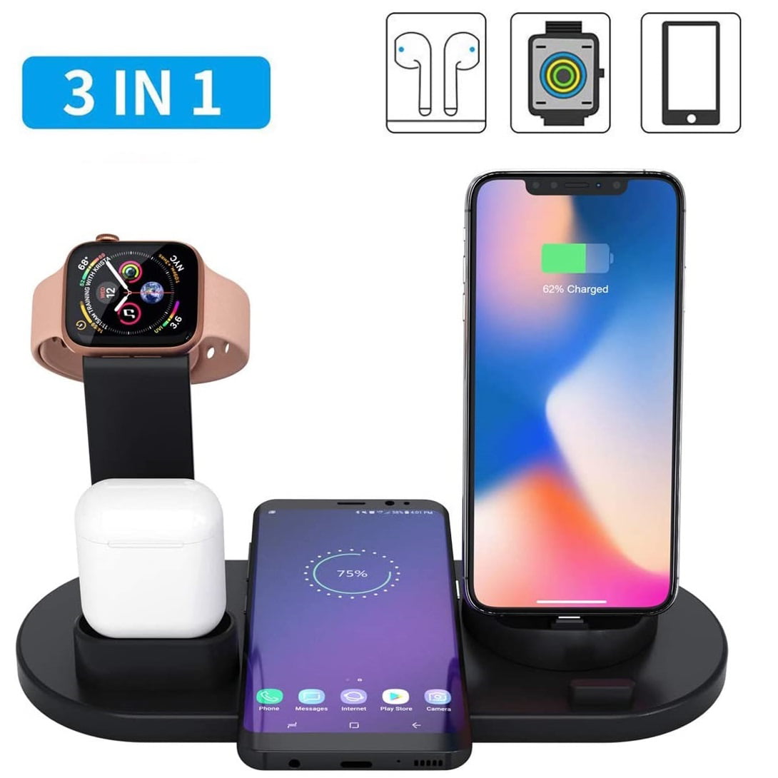 Wireless Charger, 3 in 1 Wireless Charging Dock for Apple Watch and Airpods, Charging Station for Multiple Devices, Qi Fast Wireless Charging Stand Compatible iPhone X/XS/XR/Xs Plus (Black) - Walmart.com