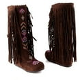 thumbnail image 5 of Fesfesfes Tall Boots For Teen Girls Plus Size Fall Winter Ethnic Style Retro Tassel Inner Sloping Heel Flat High Warm Plush Boots US:6.5(38), 5 of 6
