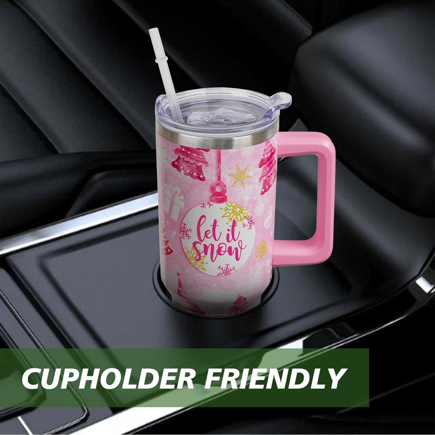 Christmas Tumbler 40 oz Christmas Tumblers with Handle and Straw Pink Christmas Tree Stainless Steel Insulated Coffee Cups Mugs Christmas Gifts Stuff Decor for Women Girls