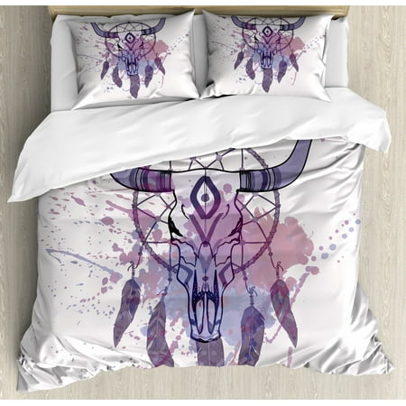 Feather King Size Duvet Cover Set Bull Skull Illustration With