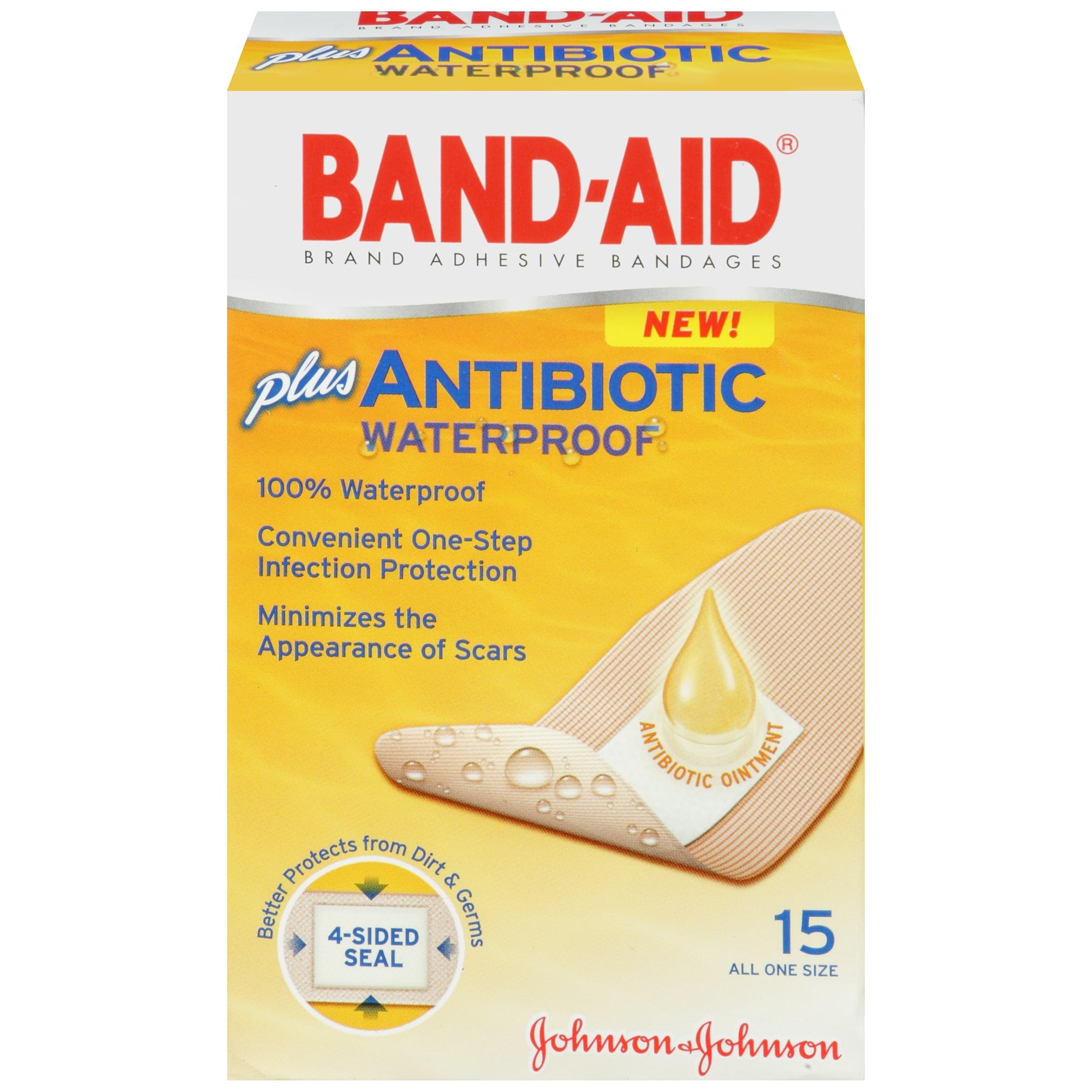 BandAid Waterproof Adhesive Bandages Plus Antibiotic, One Size, 15 Ct