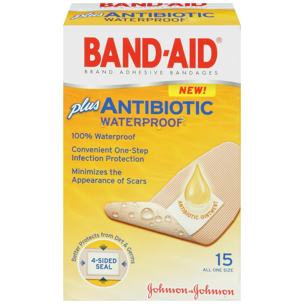 BandAid Waterproof Adhesive Bandages Plus Antibiotic, One Size, 15 Ct