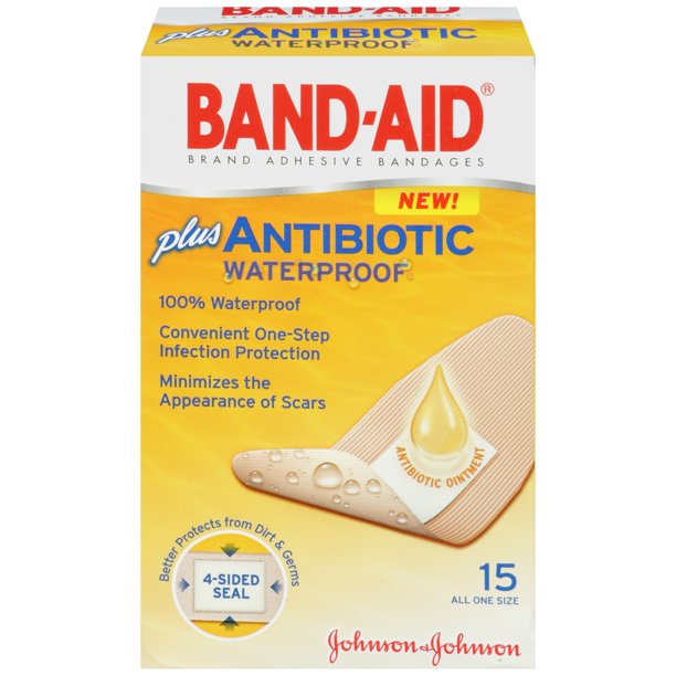 BandAid Waterproof Adhesive Bandages Plus Antibiotic, One Size, 15 Ct