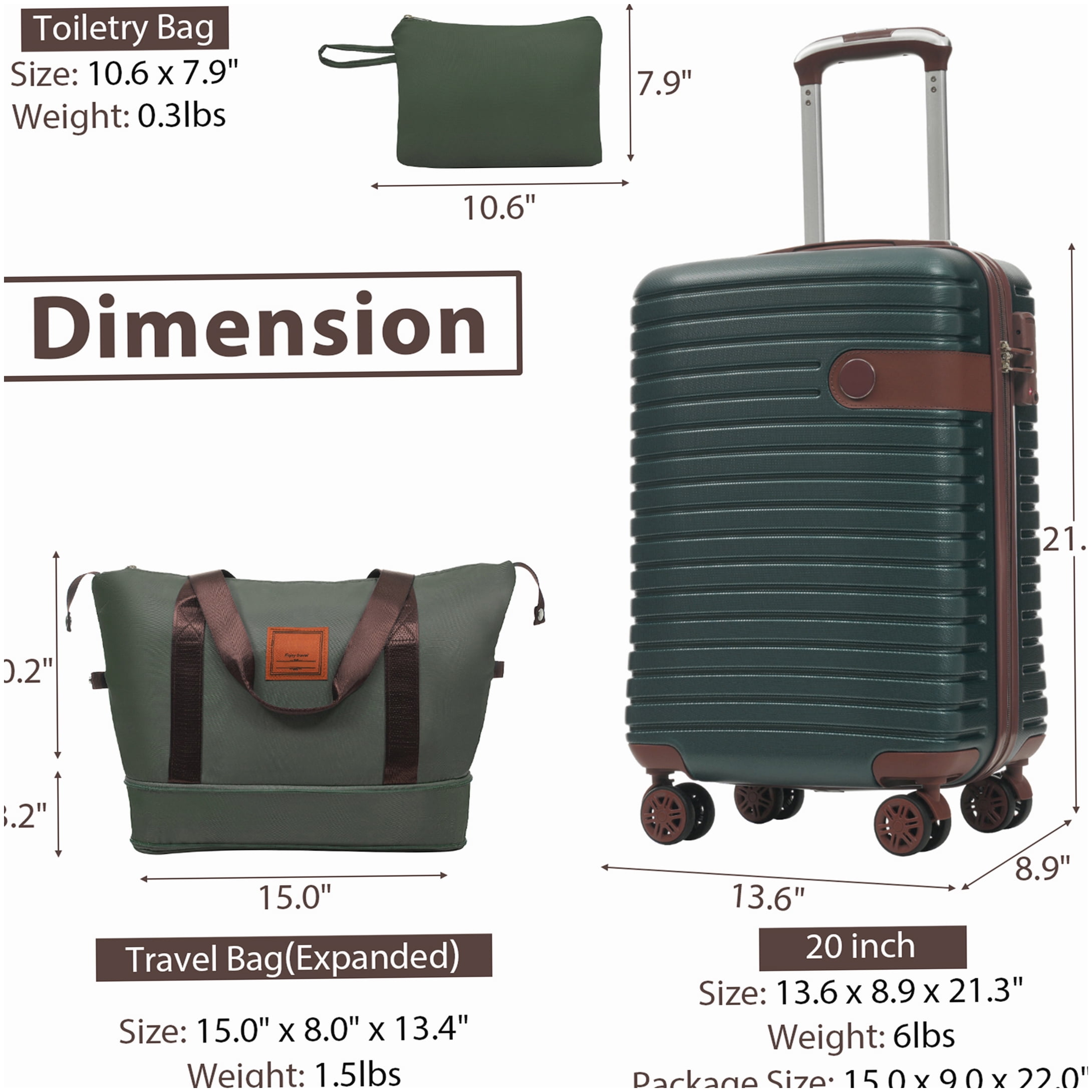 Airline Approved 20-Inch Green Hardshell Suitcase Set, 3-PC ABS Lightweight Luggage with 360° Wheels & TSA Lock