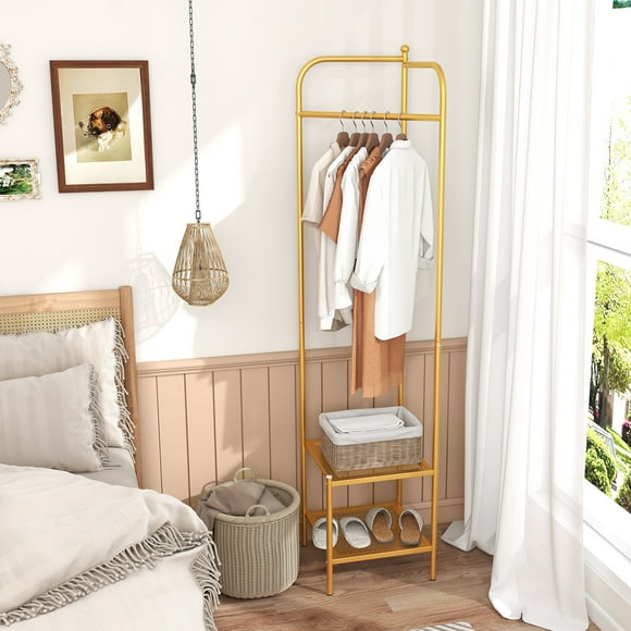 Giantex Corner Hall Tree, Freestanding Entryway Coat Storage Rack w/Shelves, Golden