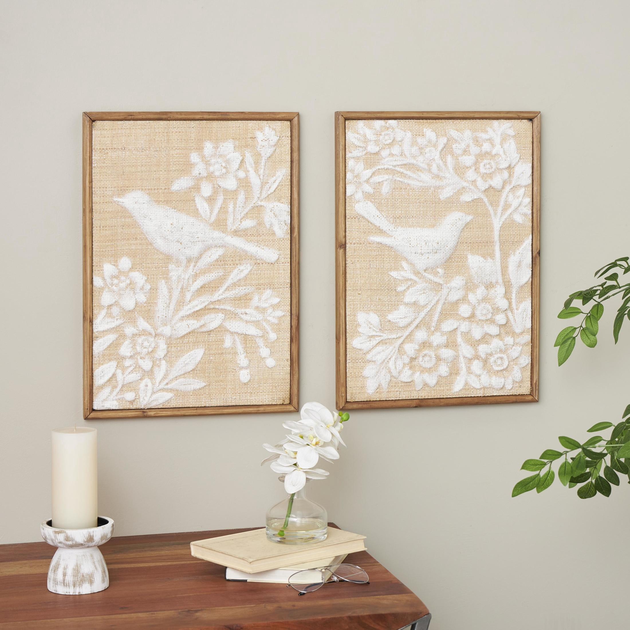 15" x 21" Bird Framed Wall Art with White Painted Floral Patterns, by DecMode (2 Count)