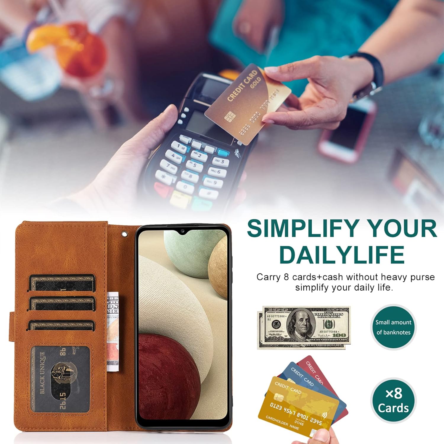 Compatible with Samsung Galaxy A12/M12 Wallet Case Tempered Glass Screen Protector Zipper Leather Flip Cover Card Holder Cell Phone Cases for Glaxay A 12 5G Gaxaly A-12 S12 12A 4G Women Men Brown