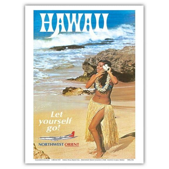Hawaii Let Yourself Go Hula Girl on the Beach Northwest Orient Airlines - Vintage Airline Travel Poster c.1960s - Master Art Print (Unframed) 9in x 12in