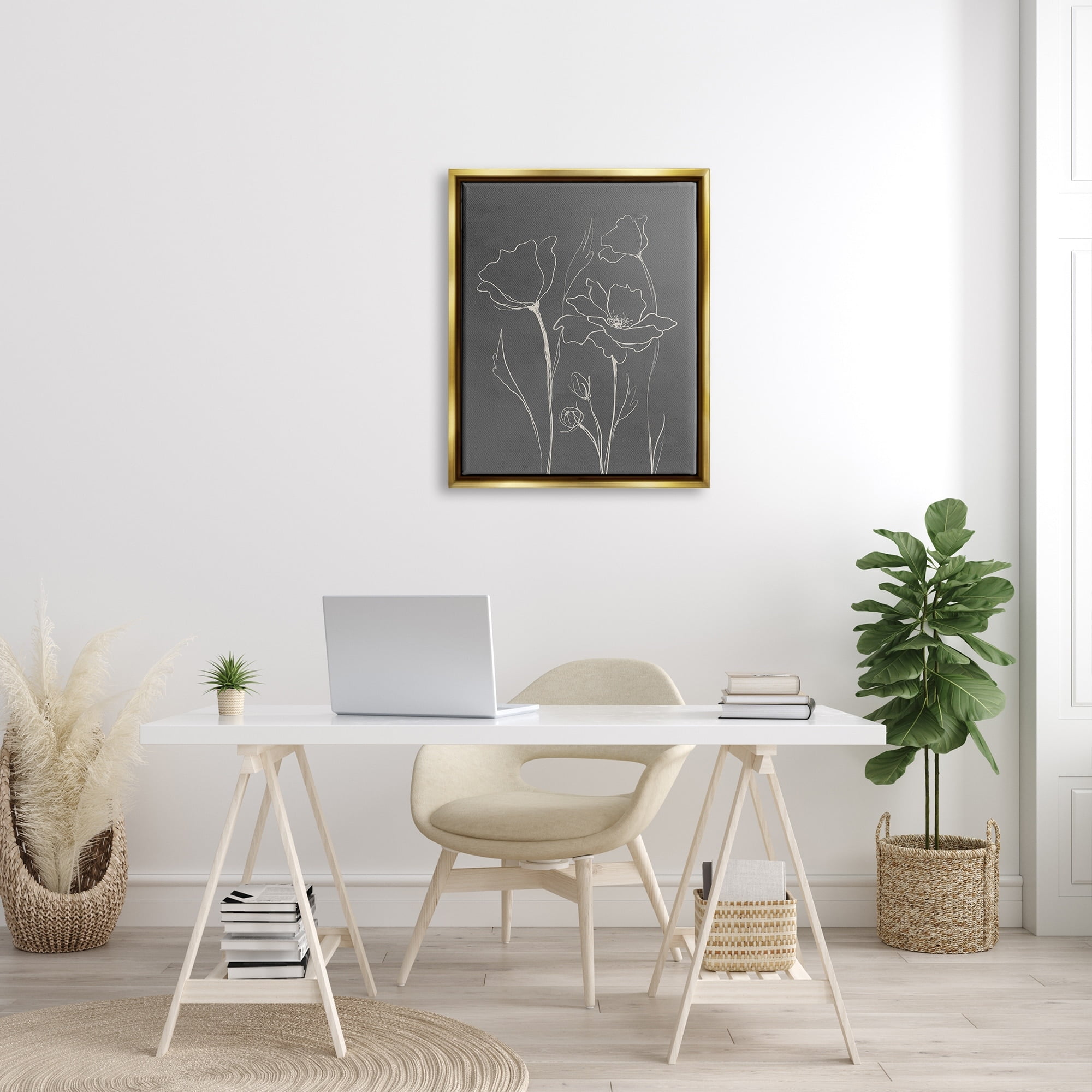 Stupell Industries Blooming Flower Buds Casual Grey Line Doodle Graphic Art Metallic Gold Floating Framed Canvas Print Wall Art, Design by Elizabeth Medley