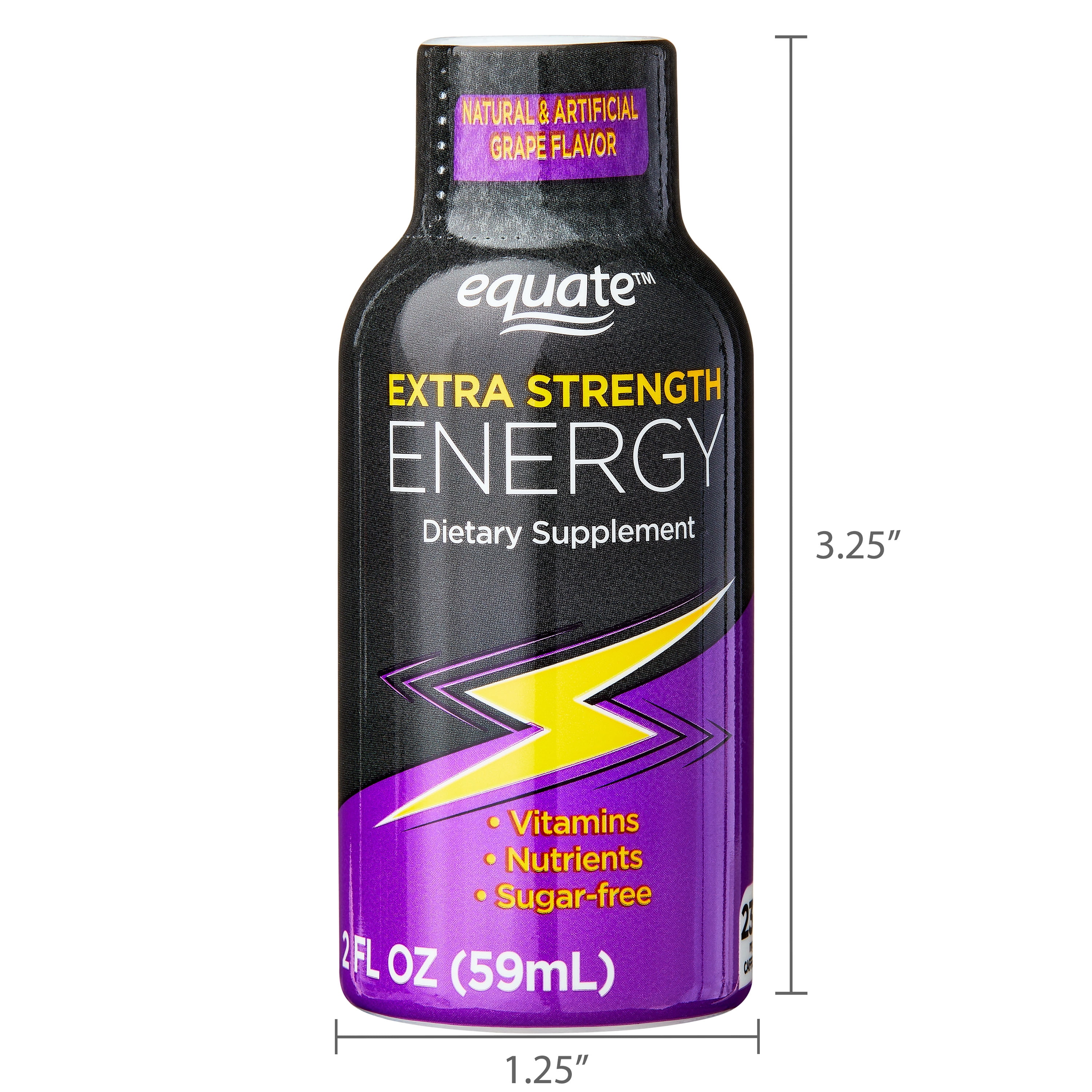 Equate Extra Strength Energy Dietary Supplement, Caffeine 230mg, Grape Flavor, 2 oz