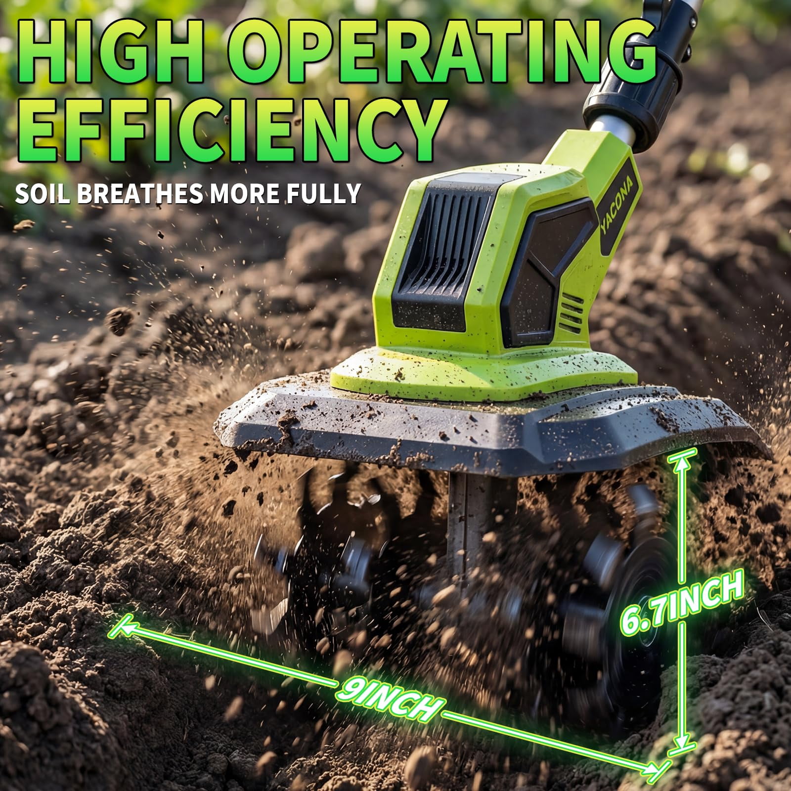Yacona Cordless Garden Tiller Cultivator, 400RPM Electric Tiller for Gardening, Battery Powered Rototiller, with 2 x 3.0Ah Batteries, Green