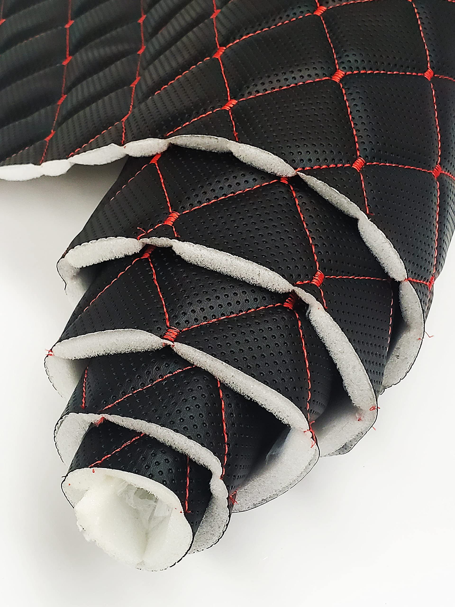 Vinyl Quilted Foam Fabric w 3/8" Foam Backing Upholstery /52" Wide/Continuous Yard/ Automotive Racing Car Interior Boat Furniture DIY Faux Leather (Black Perforated Look Hq Red Thread, Diamond 2"x3")