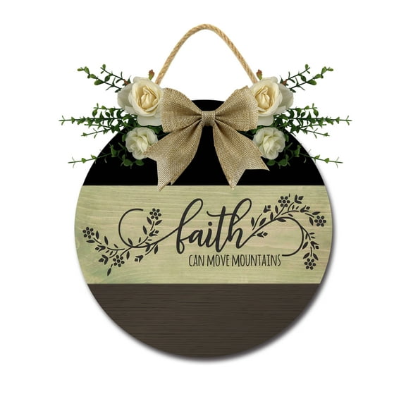 Front Door Porch Decorations faith can move mountains Door Hanging Sign 12 inch Wooden Wall Sign, Rustic Holiday Wreath Decor for Front Door Porch Home Window Wall Farmhouse Decorations