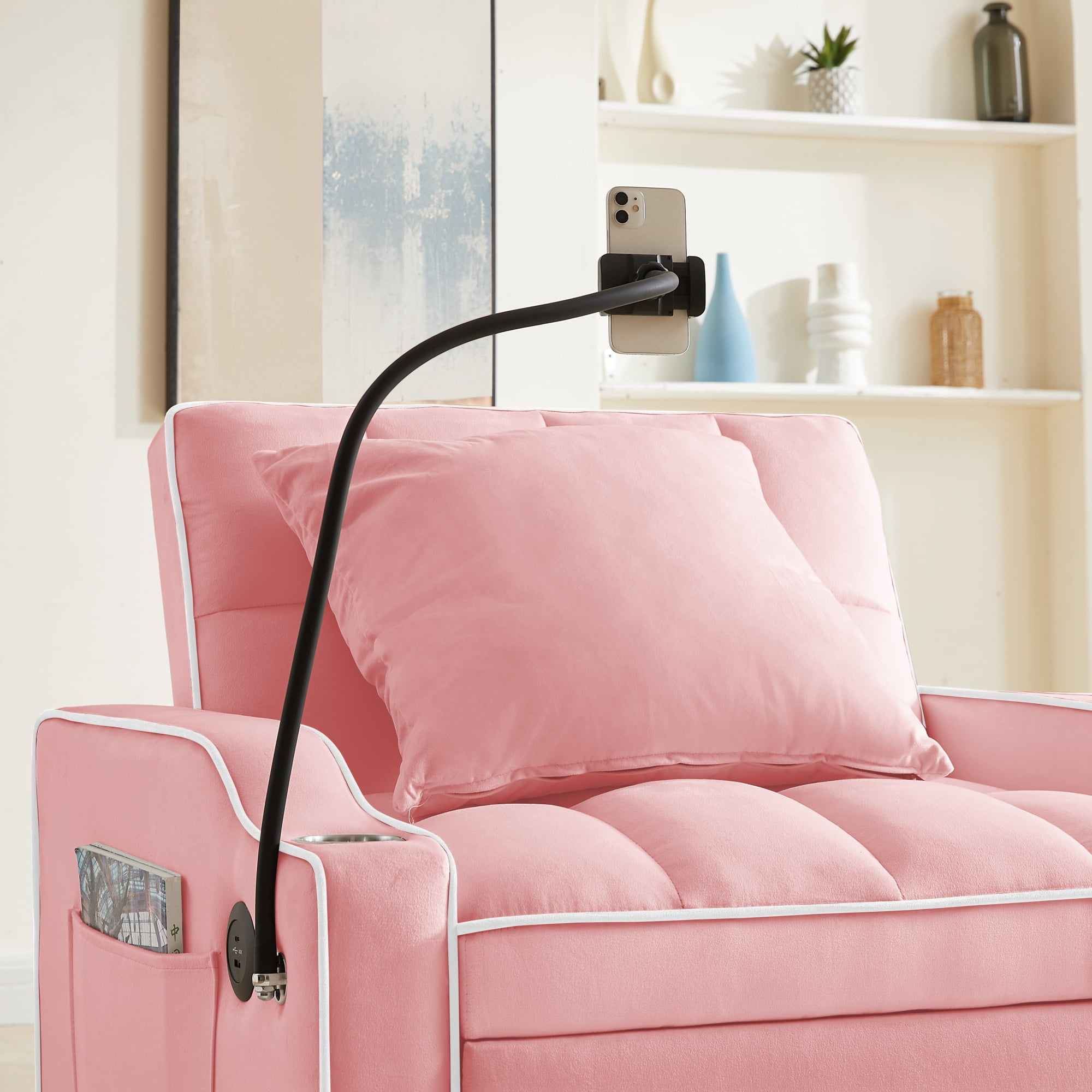 Jopath Convertible Sleeper Sofa Chair Bed,3 in 1 Velvet Single Sofa with Phone Holder & Cupholders,Pull Out Couch Recliner with Adjustable Backrest for Living Room, Office, Small Place,Pink