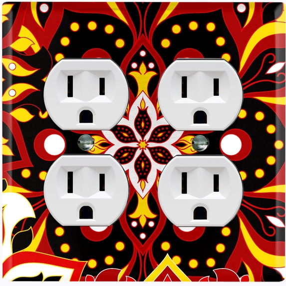 Metal Light Switch Plate Cover Colorful Black Red Mandala Flower Tile Pattern MDL023