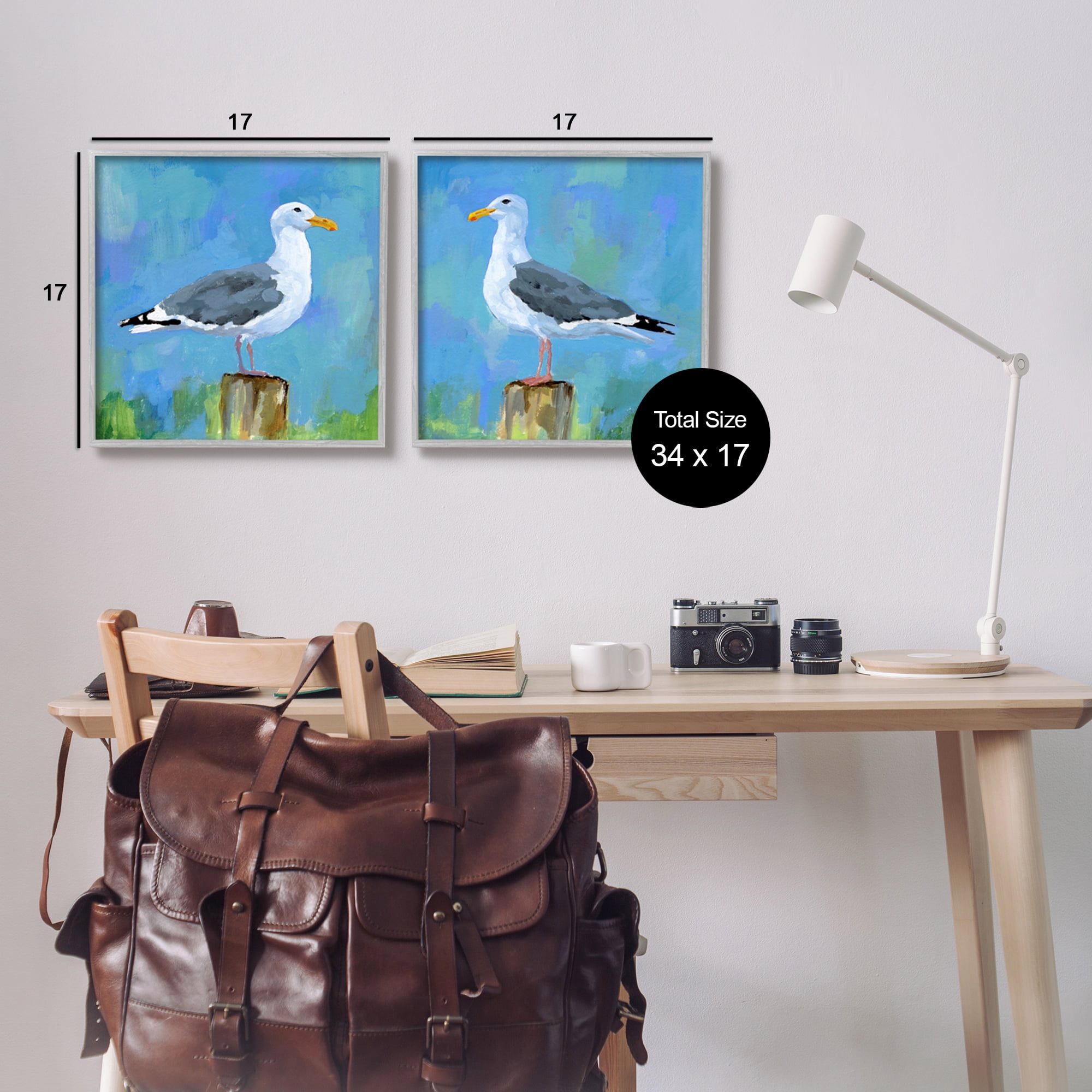 Stupell Industries Nautical Perched Seagulls Animals & Insects Painting Gray Framed Art Print Wall Art, 17 x 17, Set of 2