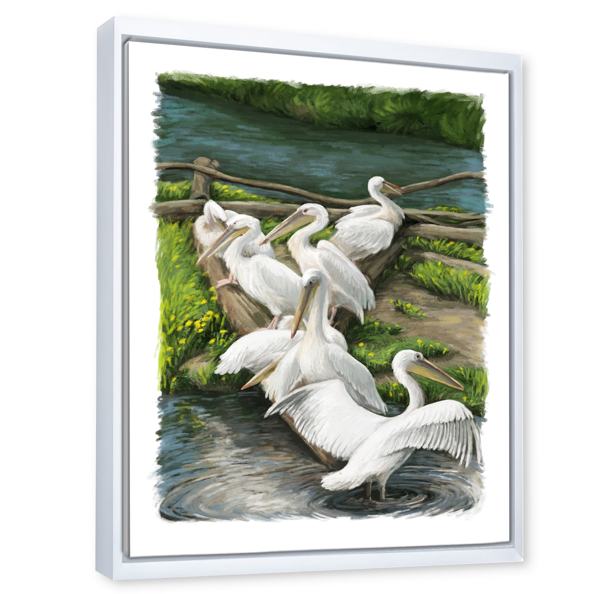 Designart 'Pelicans Resting Near The river Water' Traditional Framed Canvas Wall Art Print