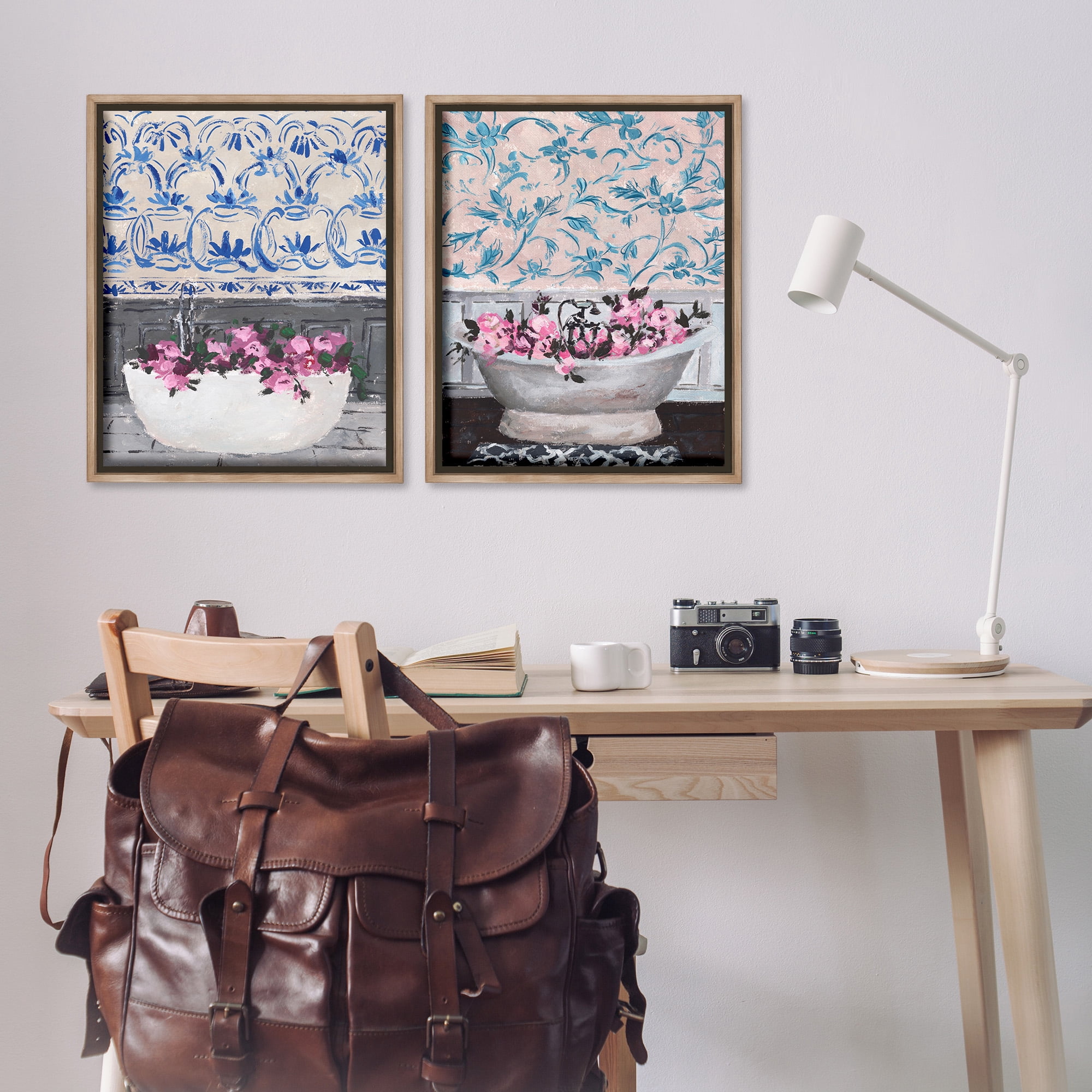 Stupell Industries Flowers In Bath Tub Interior Design Botanical & Floral Painting Brown Floater Framed Canvas Art Print Wall Art, 25 x 31, Set of 2