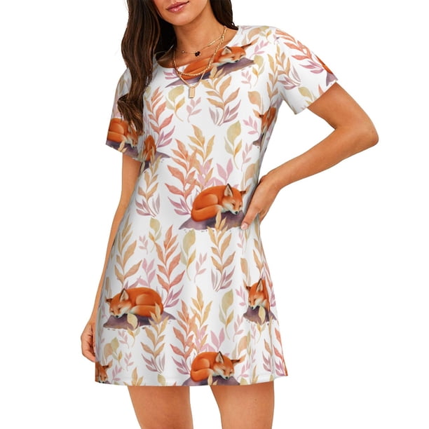 Disketp Cute Sleepy Fox para Camisón Corto de Manga Corta para Mujeres, Camisón Cómodo con Escote Redondo, Bonito y Confortable