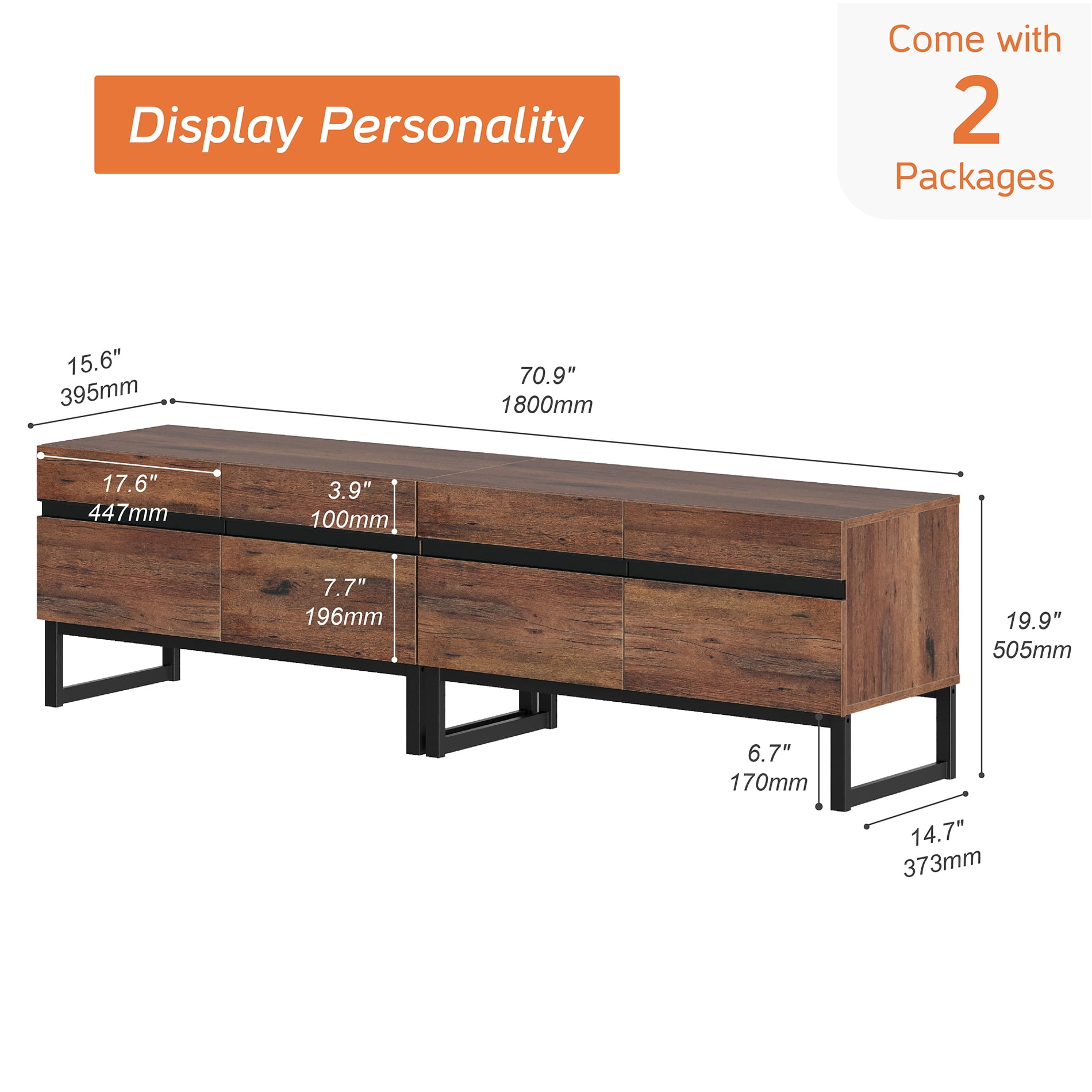 Modern 3-Piece Living Room Set, 71 Inch TV Stand And 2 End Table Sets With Drawers, Media Console with Storage Shelves, Sturdy Wood Frame & Metal Legs, Contemporary Furniture for Living Room,Brown