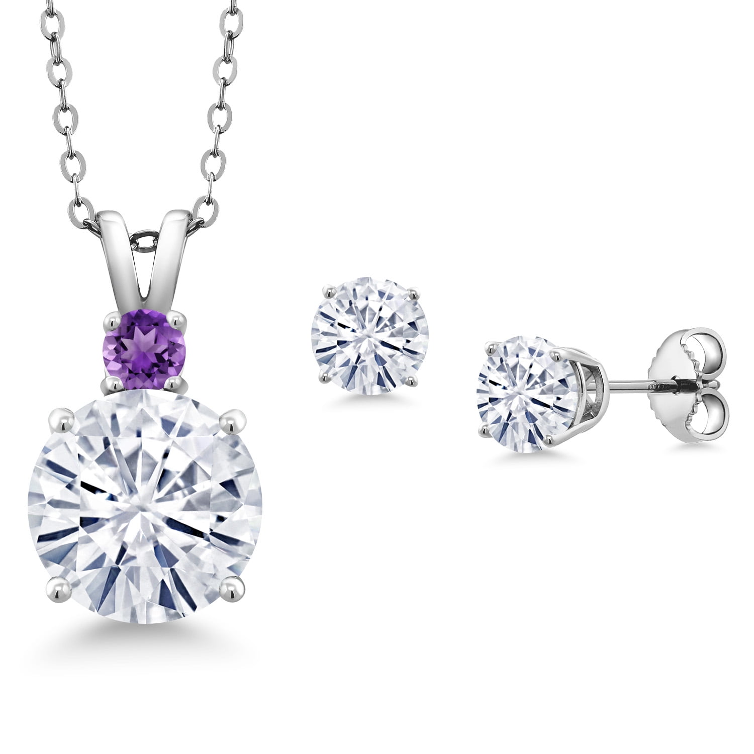 Gem Stone King 925 Sterling Silver Round White Moissanite and Purple Amethyst Pendant and Earrings Jewelry Set for Women (5.16 Cttw, Gemstone Birthstone, with 18 inch Chain)
