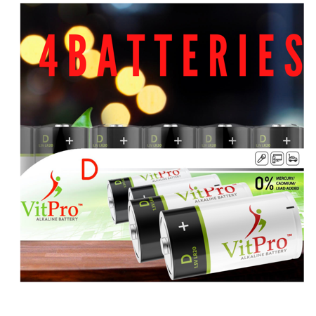 D Cell Alkaline Batteries | 5-Years Shelf Life | Easy to Open | Premium Batteries, 4 Count| VitPro