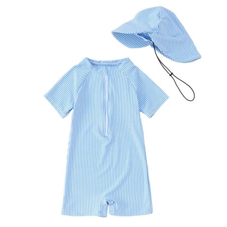 Toddler Boys Swim Suit With Hat Rash Guard Beachwear For Beach Pool Play Swimwear Size 6-12 Months