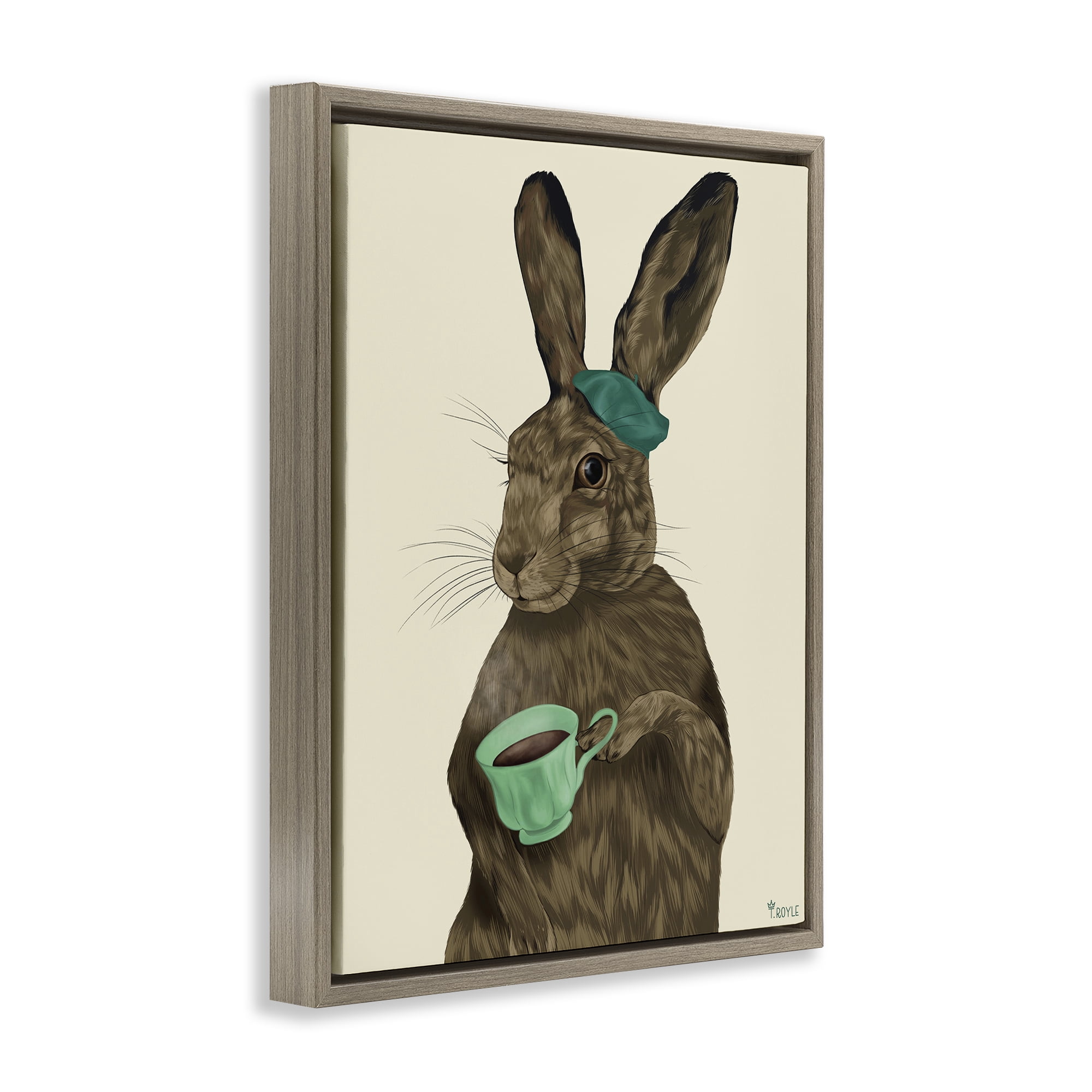 Stupell Industries Rabbit & Green Teacup Animals & Insects Painting Brown Floater Framed Canvas Art Print Wall Art, 25 x 31