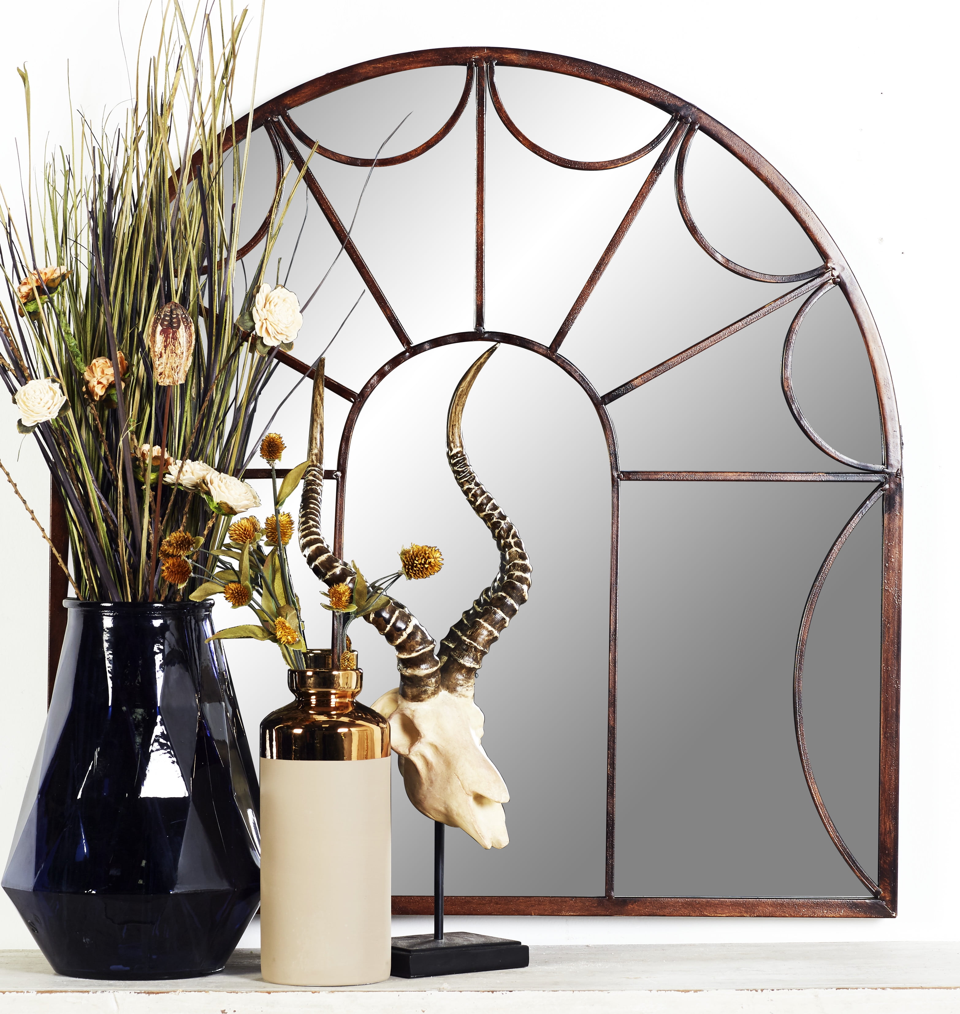 DecMode Black Metal Arched Windowpane Wall Mirror w/ Overlay Design, 35”L x 35”H