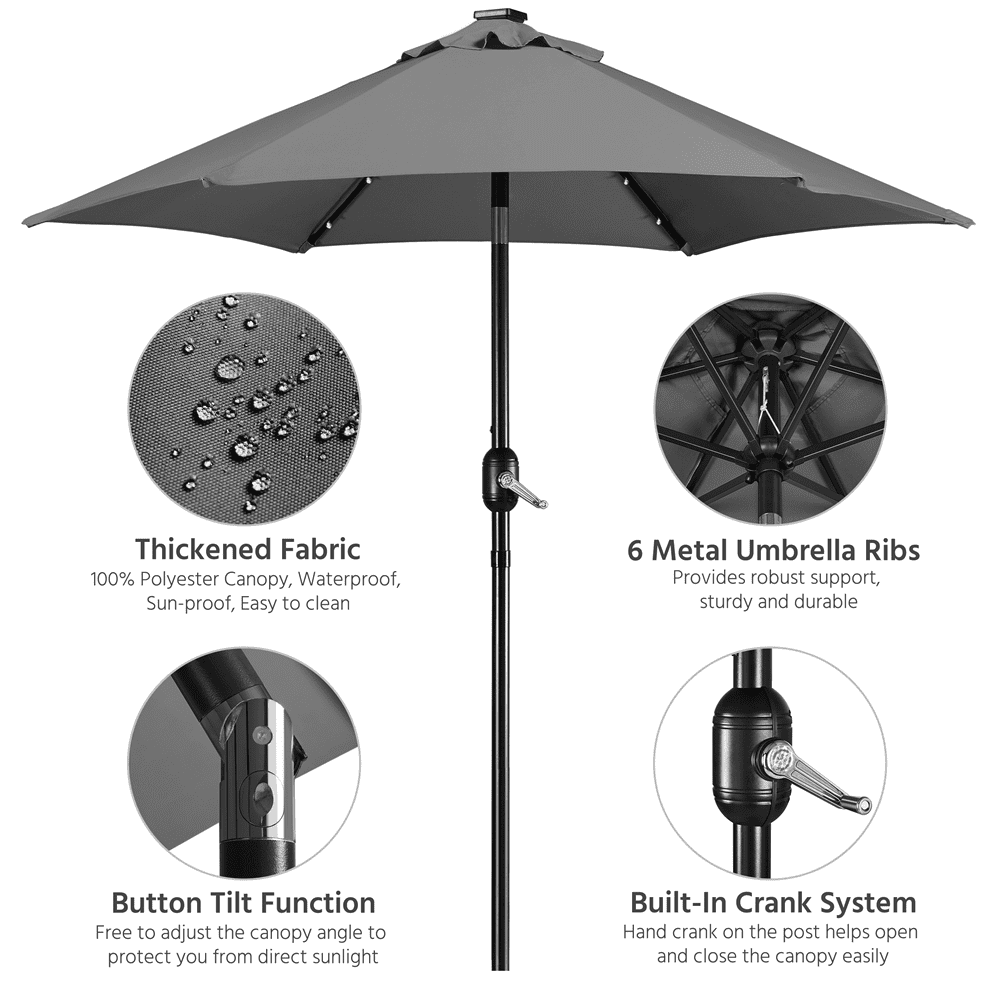 Renwick 7.5FT Patio Umbrella with Base Stand and LED Solar Lights, Gray
