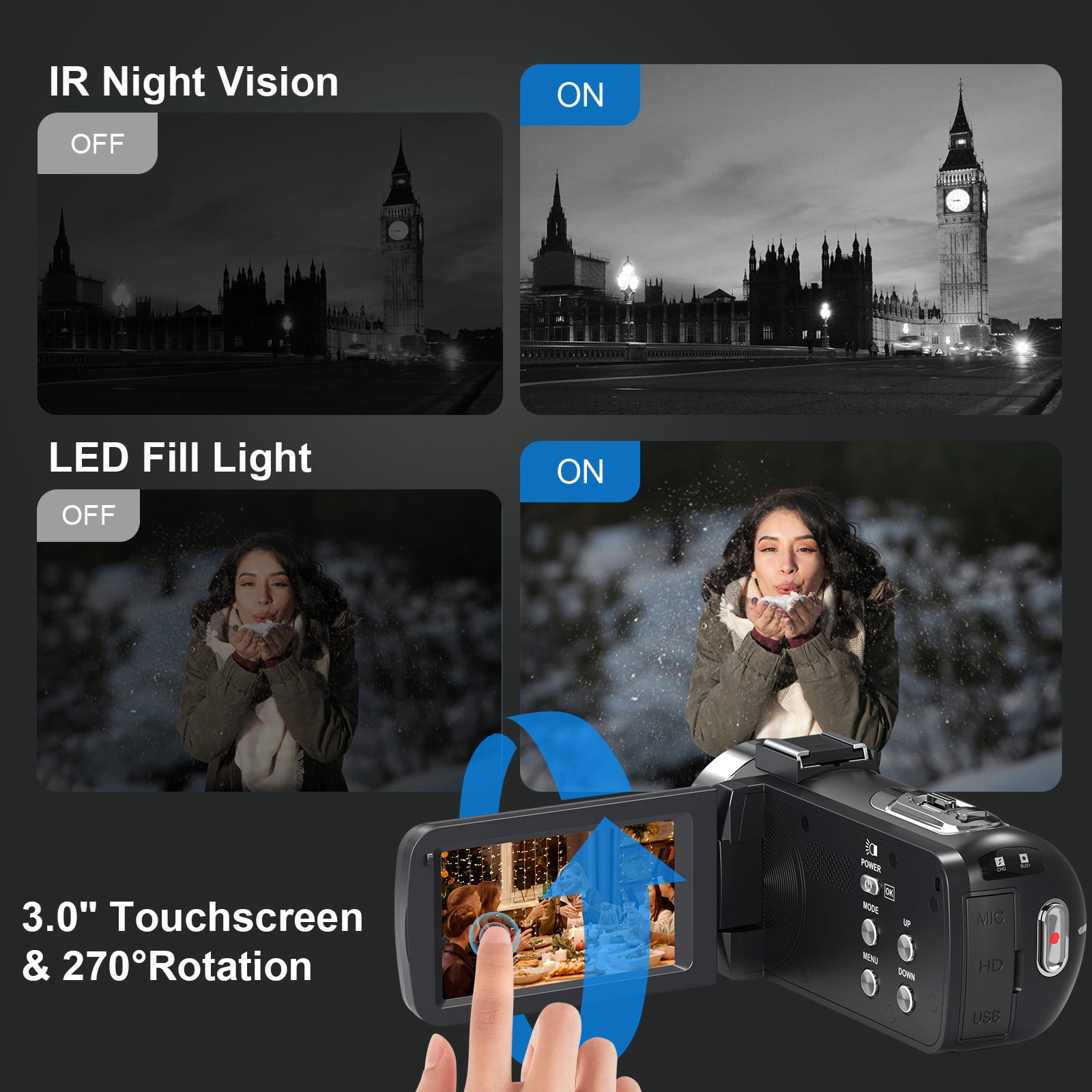 Video Camera for Youtube 8K Camcorder 64MP Wifi Vlogging 18X Zoom IR Night Vision 3.0'' Touch Screen Digital Camera