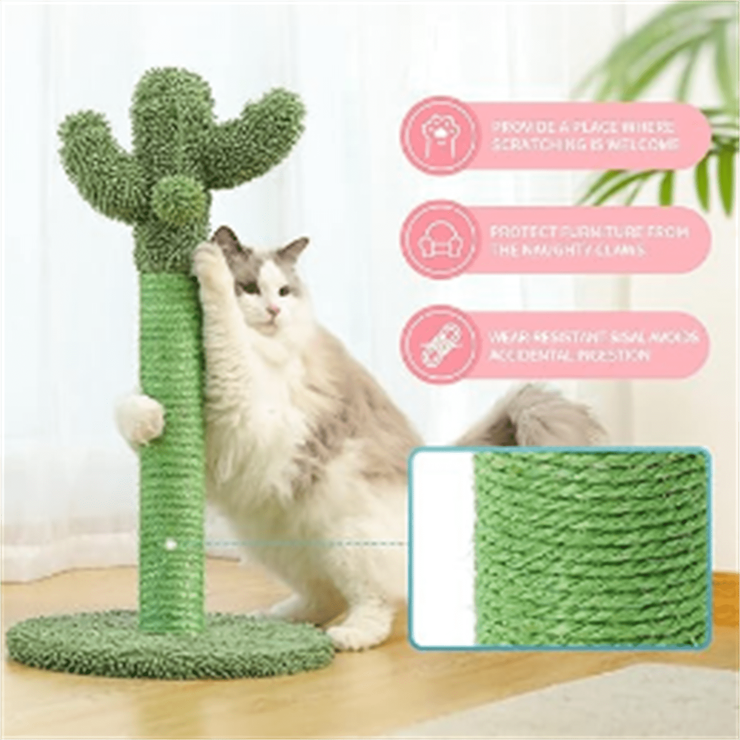 4Pets 34" Tall Cat Scratching Post, Cactus Cat Scratcher Kitten Scratching Posts for Indoor Cats Adults Claw Scratch with Sisal Rope, Vertical Green Cat Tree with Dangling Ball for Kitties Large