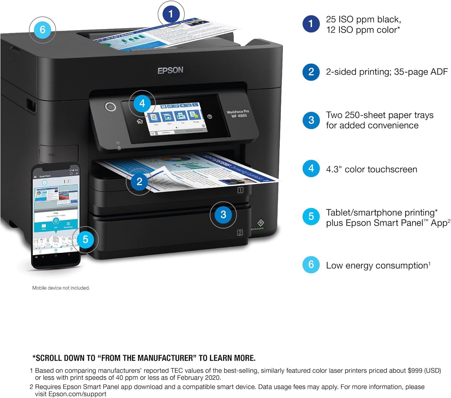 WorkForce Pro WF-4833 Wireless All-in-One Printer with Auto 2-Sided Print, 50-page ADF, 500-sheet Paper Capacity, and 4.3" Color Touchscreen (Sold without manufacturer warranty)