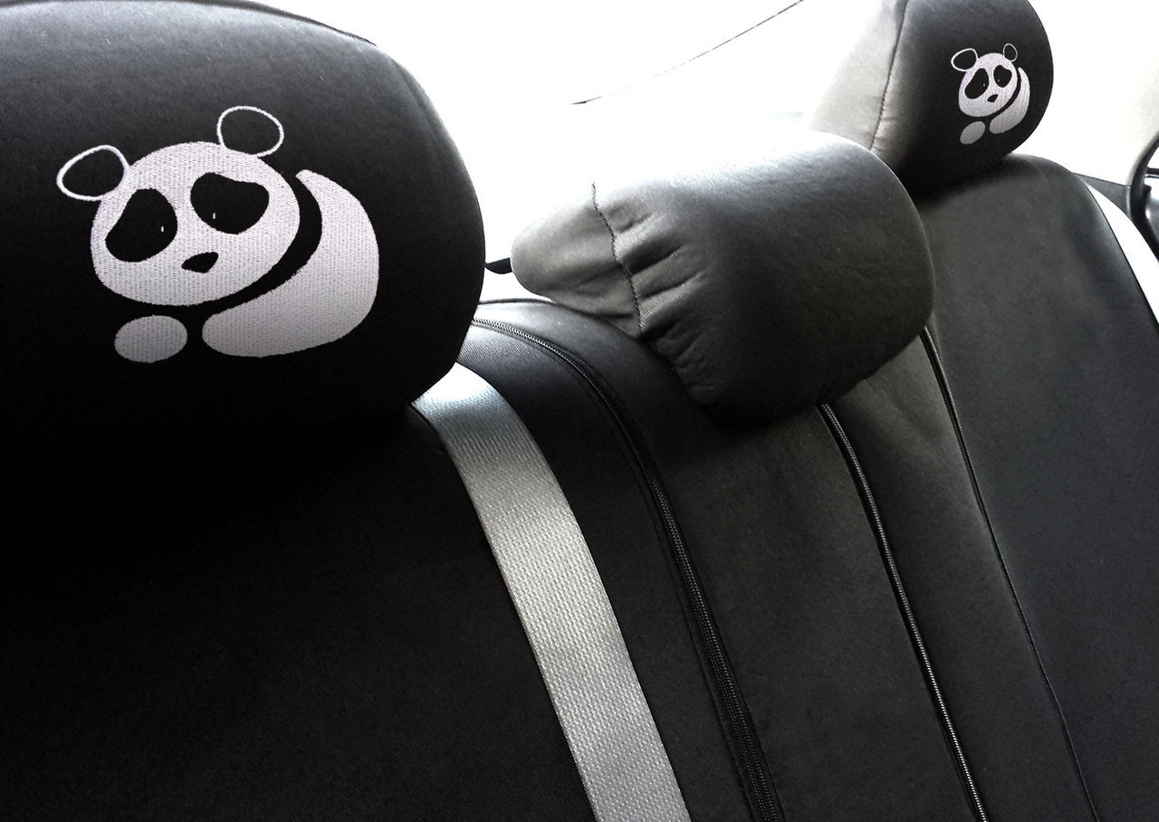 New Black Flat Cloth Universal Fit Car Seat Covers With Embroidery Logo Headrest Covers Support 60/40 Split Seats (Panda) - image 3 of 4
