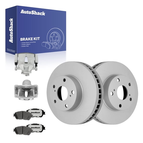 AutoShack Front Vented Coated Brake Rotors   Ceramic Pads   Calipers 8-PC Brake Kit Replacement for 2004-2010 Toyota Sienna 2005-2007 Toyota Avalon ArmorStop 11.65" (296 mm)